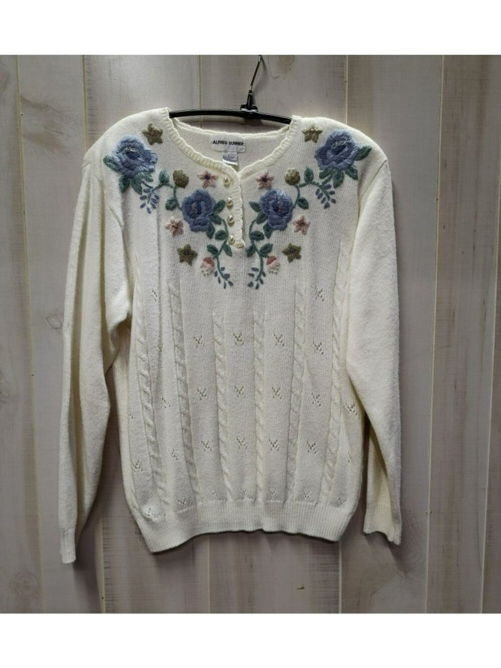 Alfred Dunner Stunner L/S Sweater Sz L Floral Embroidery Pearl Buttons Pointelle